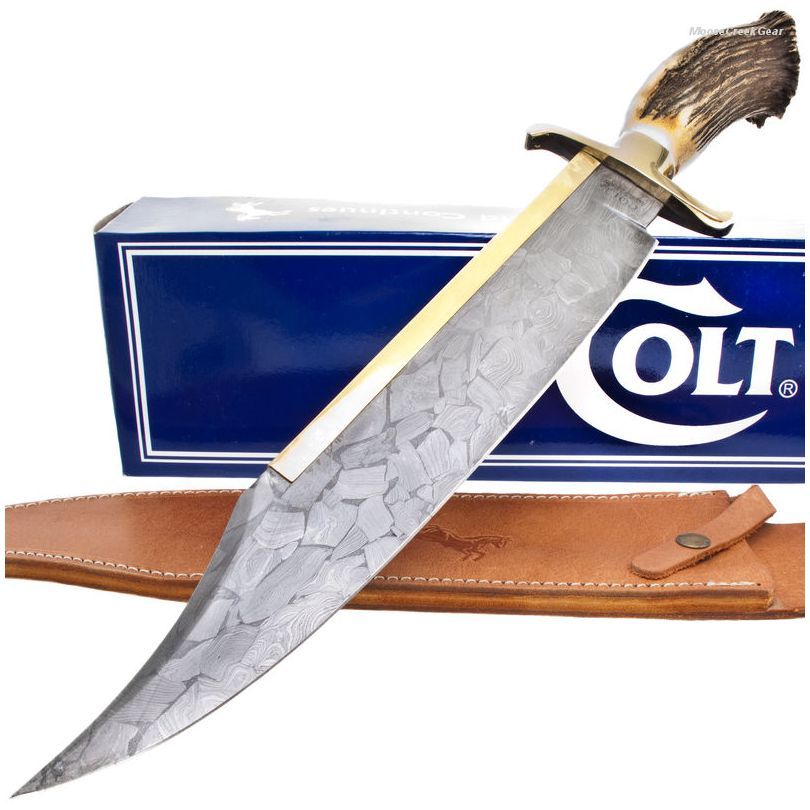 Colt Knives Damascus Alamo Bowie Fixed Blade Knife with Crown Stag Handles